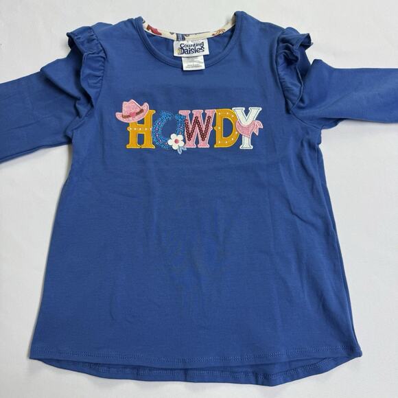 Counting Daisies Howdy Western Applique Ruffle Top Girl's Size 6 Blue - Picture 2 of 6
